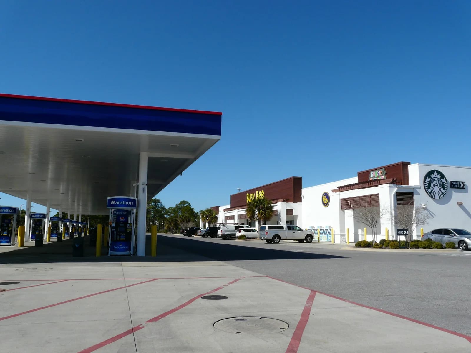 Busy Bee convenience store and Marathon fuel station in Panama City Beach, Florida, photographed in February 2025