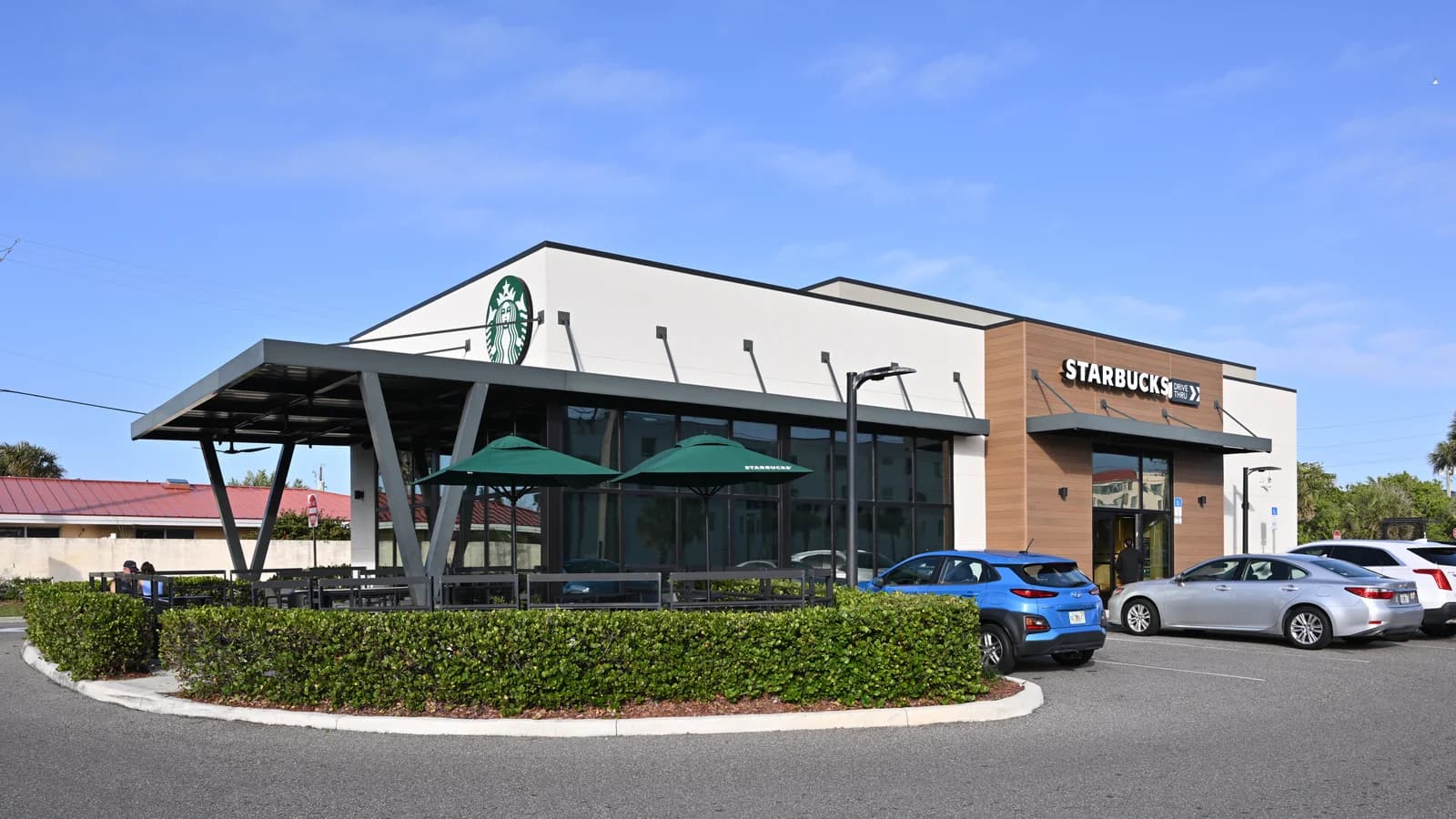 Freestanding Starbucks restaurant in Indialantic, Florida, photographed in February 2025